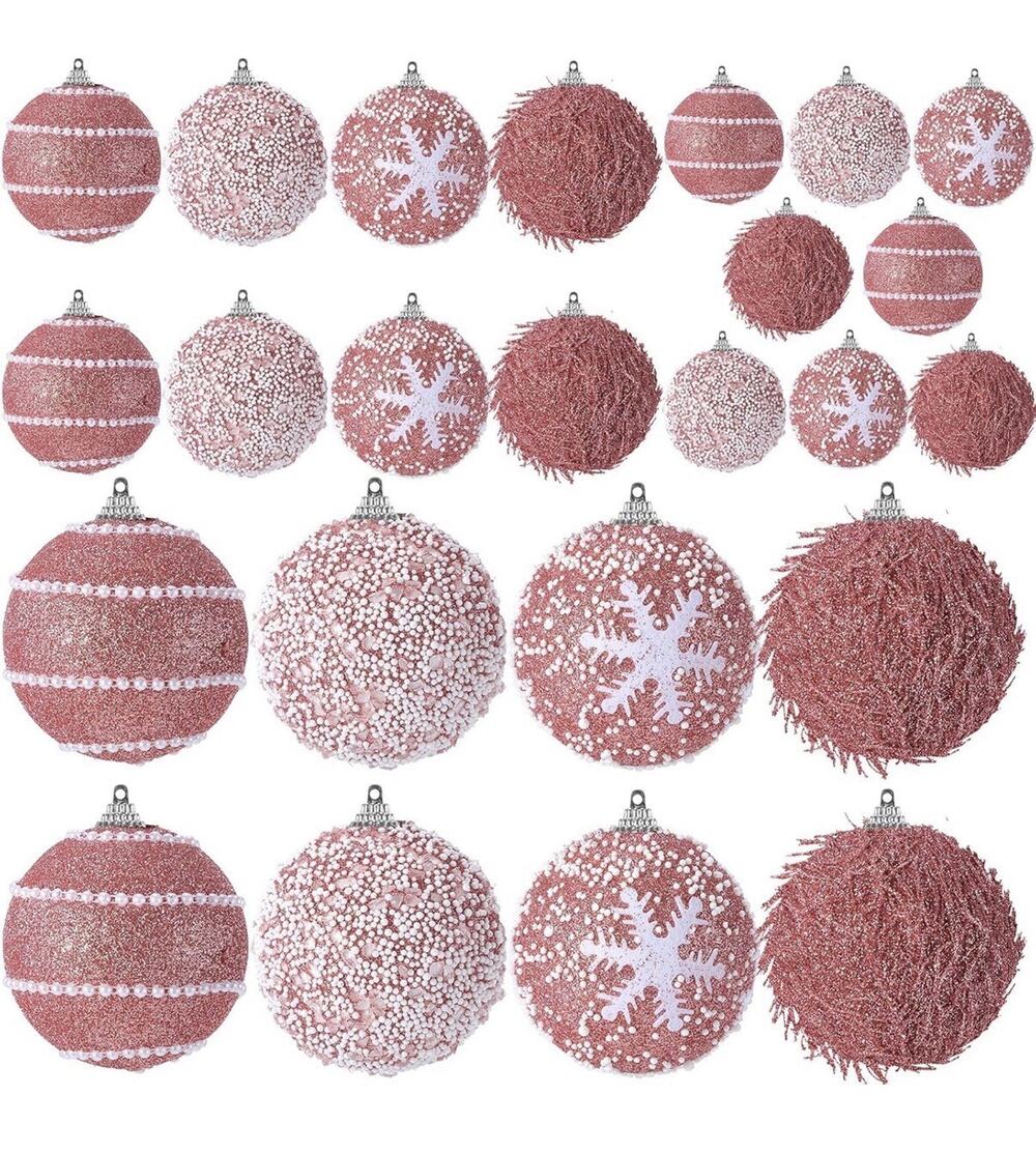VioraWhite 24 Pcs Glitter Christmas Tree Ornaments, Assorted Sizes Rose Gold